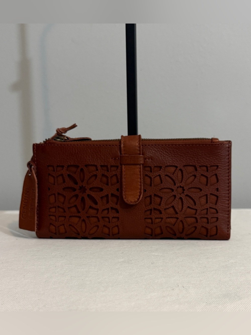 Women Brown Leather Floral Cutout Long Wallet 17 Card Slots Zip Compartments